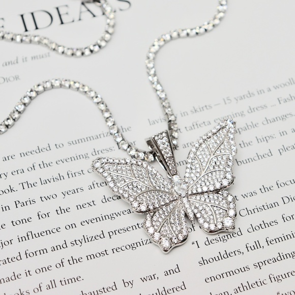 CZ Iced Butterfly Pendant w Gold Silver Iced Chain - Picture 10 of 10